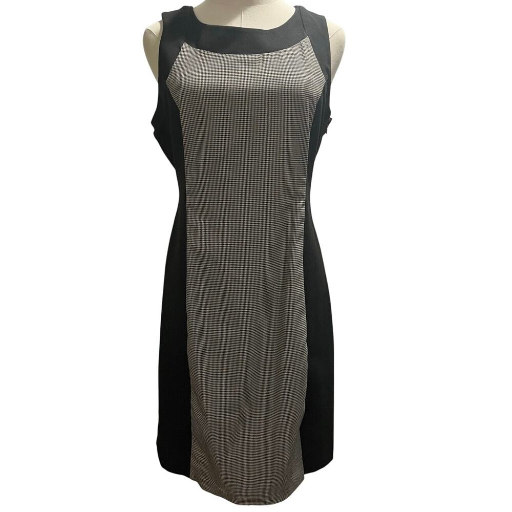 Manoukian Designer Black White Houndstooth Sleeveless Sheath Dress Sz Med New‎